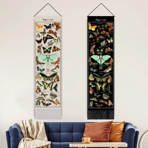 Retro Schmetterling Wissenschaftliche Illustration Tapisserie Baumwolle Leinen Mischung Wandbehang Mit Quasten Und Holzstab