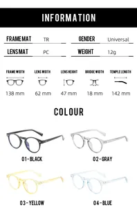 Detailed size specifications for round blue light blocking glasses with frame dimensions