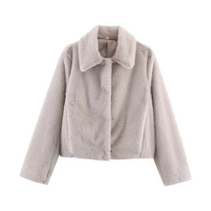 Women's light grey plush faux fur jacket with classic lapel collar and short length design