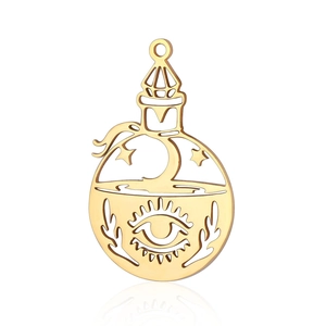 Detailed close-up of a gold celestial potion bottle pendant with sun, moon, and eye motifs
