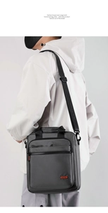 Borsa a tracolla da uomo in nylon grigio con tasche a zip e cinturino regolabile