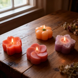 Four floral scented candles in red, orange, pink and purple lit on a wooden table