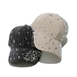 Corduroy baseball cap with silver rhinestones in black and beige, stylish sun hat for women