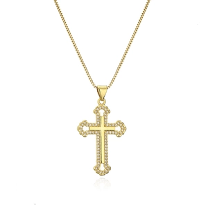 Goldene zweilagige Kreuz-Halskette mit Zirkon-Inlay und Box-Kette auf weißem Hintergrund