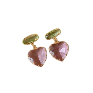 Elegant gold earrings featuring oval green crystals and heart-shaped pink stone pendants