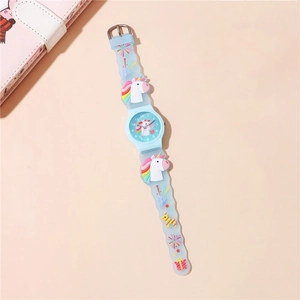 Detail of light blue silicone strap with 3D unicorn and star patterns for kids' watch