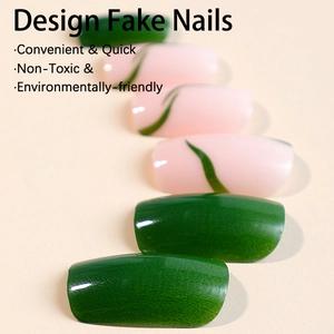 Green stripe and leaf design press-on nails set with glossy finish on cream background