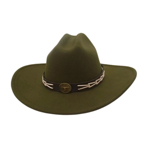 Detailed view of olive wool fedora hat with leather band and bull head metal buckle