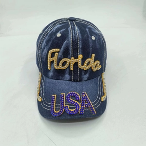 Vintage Florida washed denim baseball cap with rhinestone USA detail and yellow embroidery