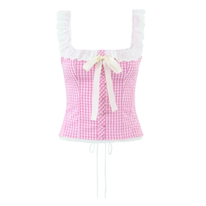Pink checkered corset top with lace trim, white bow detail and front buttons decoration