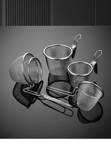 Detailed set of four 304 stainless steel mesh strainers with handles for hot pot cooking