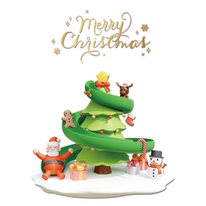 3D Christmas tree window sticker with Santa, snowman, and reindeer on white background