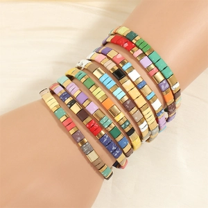 Bohemian multi-layer Tila bead bracelet set with colorful enamel squares and gold accents