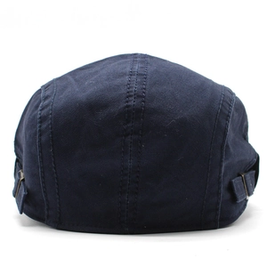 Navy blue cotton beret hat for men with adjustable metal buckles on a back view