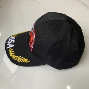 Detalle del bordado de águila y texto USA en la gorra de béisbol de algodón negro