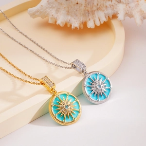 Eight-pointed Star Pendant Necklace 18K Gold Plated Copper Zirconia Enamel Round Medal Jewelry For Women Fashion Accessory