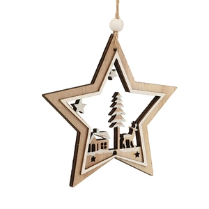 Star-shaped wooden Christmas ornament with hollow forest scene and glitter accents