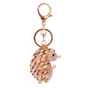 Creative hedgehog keychain with sparkling colorful crystals and golden metal clasp