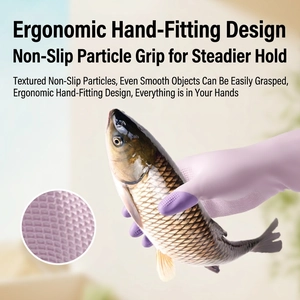 Durable purple latex household cleaning gloves with non-slip grip holding a fish