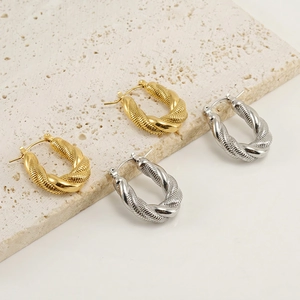 Twisted Hoop Earrings 18K Gold Plated Stainless Steel Irregular U-Shape Woven Texture French Vintage For Women