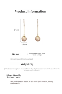 Detail view of pearl tassel earrings showing dimensions of 6.7cm length and 1.6cm width