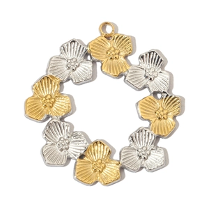 Detail of a two-tone stainless steel floral wreath pendant with gold and silver flowers