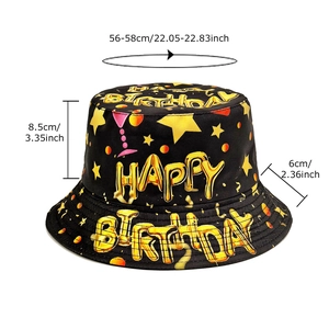 Black Happy Birthday bucket hat with gold lettering and size dimensions 56-58cm
