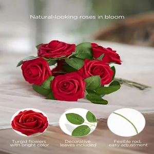 Artificial red rose bouquet with green leaves and adjustable stems for wedding decor