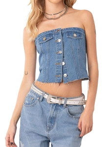 Top Corset En Jean Sans Bretelles Top Tube Boutonné Ourlet Effiloché Coupe Cintrée Style Y2K Streetwear Femme