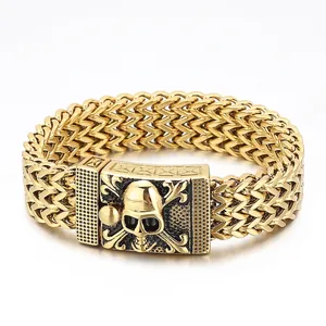 Men Chain Bracelet 316L Stainless Steel Skull Clasp Wheat Link Punk Gothic Hip Hop Jewelry For Bikers