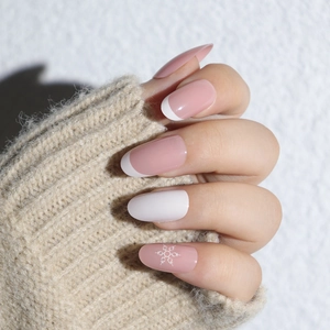 Christmas Press On Nails Snowflakes French Style Pink White Fake Nails With Glue For Women Holiday Nail Art Decor