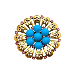 Vintage gold hollow flower brooch with turquoise beads and pink rhinestones