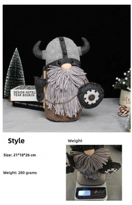 Detail of Viking gnome plush with horn helmet, felt axe and shield home decoration