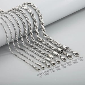 Polished silver stainless steel twist rope chains in various widths with lobster clasp