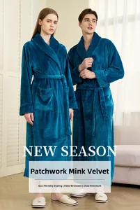 Detail view of mink fleece bathrobe featuring waffle texture trim and spacious pockets