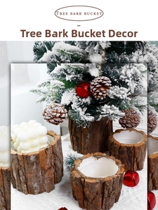 Macro view of rustic tree bark bucket for Christmas floral arrangements and decor