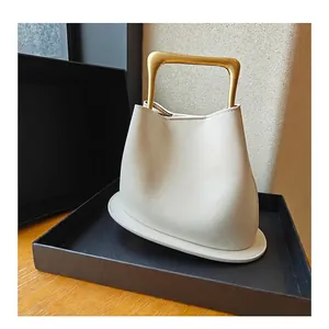 Women Genuine Leather Bucket Bag With Gold Metal Handle Minimalist Vintage Handbag Shoulder Crossbody Bag