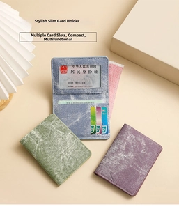 Close-up of slim wallet with card slots and transparent ID window in various colors