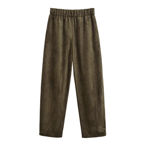 Donkergroene imitatie suède broek met hoge taille, elastische tailleband en metalen gesp detail