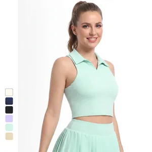 Women's Sleeveless Polo Sports Vest Crop Top Slim Fit Breathable Yoga Tennis Fitness Athletic Wear Nylon Workout Shirt
