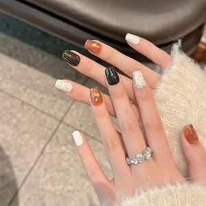 Amber marble press-on nails with 3D moon design and gold leaf accents for women