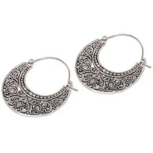 Ethnic style silver crescent hoop earrings with vintage bohemian floral engraving