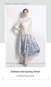 Detail of elegant satin dress with vintage stand collar and purple floral print