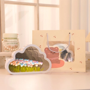 Cloud tulip mirror night light DIY kit with cute bear gift bag in a cozy home setting
