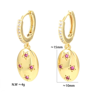 Gold star earrings with pink gems and clear cubic zirconia, size 15mm by 10mm