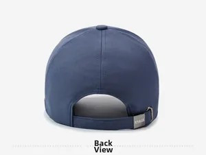 Detail of navy cotton baseball cap back with adjustable metal buckle and NY&JA engraving