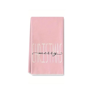 Pink Christmas towel with merry Christmas print and white trim on white background
