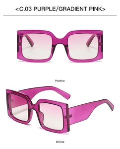 Macro detail of square purple gradient sunglasses with transparent plastic frames