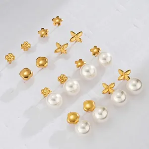 18K Gold Plated Stainless Steel Artificial Pearl Stud Earrings For Women Clover Flower Star Geometric Trendy Minimalist Jewelry