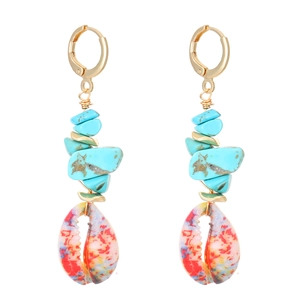 Bohemian style gold hoop earrings with turquoise stones and painted natural cowrie shells